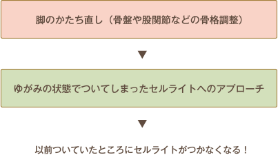 以前ついていたところにセルライトがつかなくなる!ゆがみの状態でついてしまったセルライトへのアプローチ脚のかたち直し(骨盤や股関節などの骨格調整)